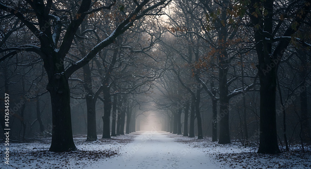 Obraz premium Snowy Path Through Forest with Bare Trees and Winter Fog