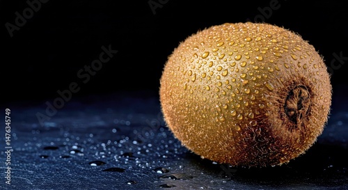 Close-up view of a fuzzy kiwi fruit covered in water droplets on a dark surface. Captures the unique texture and refreshing nature.