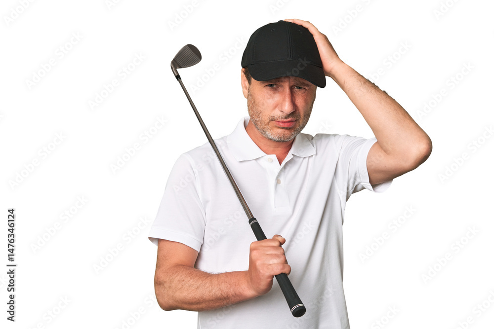 Middle aged golfer man showing a disappointment gesture with forefinger.