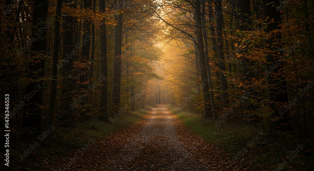 Fototapeta premium Autumn Forest Path with Sunlight Streaming Through Trees and Fallen Leaves