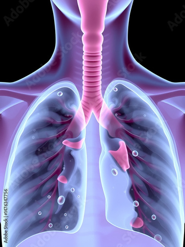 Bronchial airway obstruction and narrowing due to viscid mucus. Excessive mucus in bronchial airways can cause significant obstruction and and interferes with pulmonary function.