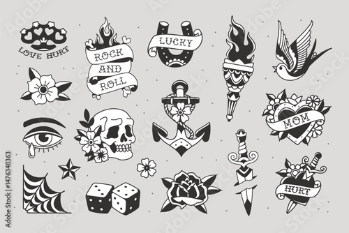 Perfect Old school tattoo design set 2. Old school traditional tattoo stickers collection. Old school tattoo symbols and tradition elements of swallow, bird, torch, anchor, heart, flower, rose etc