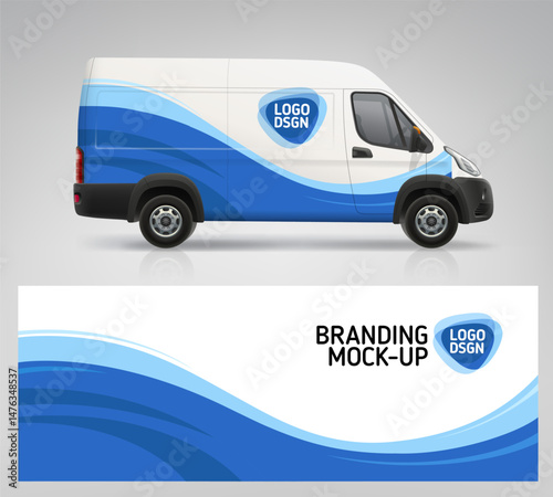 Side view Van, Truck mockup with blue branding wrap design. Branding graphics of abstract blue waves decal design for transport. Branding vehicle. Horizontal AD banner. Editable vector template