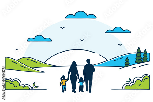 Family enjoying the scenic landscape on a bright day with two children.