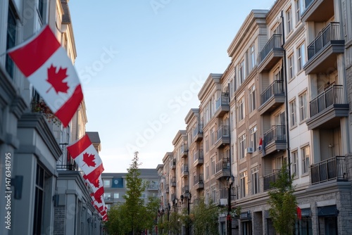 Celebration of Canada Day with vibrant flags adorning urban buil photo