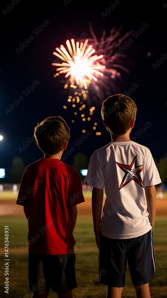 Fototapeta premium Two boys watch a vibrant fireworks display at night, their backs to the camera, in a field