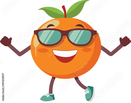 A flat vector silhouette of the retro fruit character an orange dancing wearing sunglass