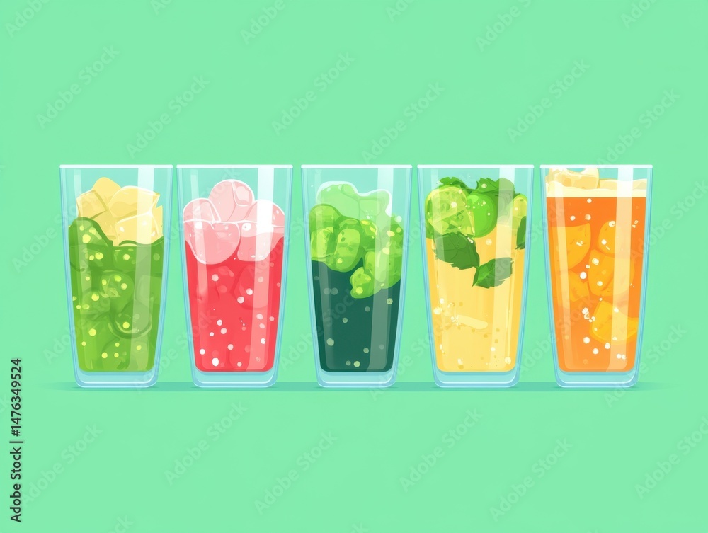Fototapeta premium Colorful Fruit Drinks in Glasses Illustration, Refreshing Beverages, Fresh Ingredients, Summer Cocktails, Studio Shot, Light Green Background