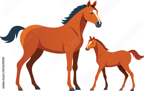 An adult horse and a foal standing a short distance apart within the same frame 