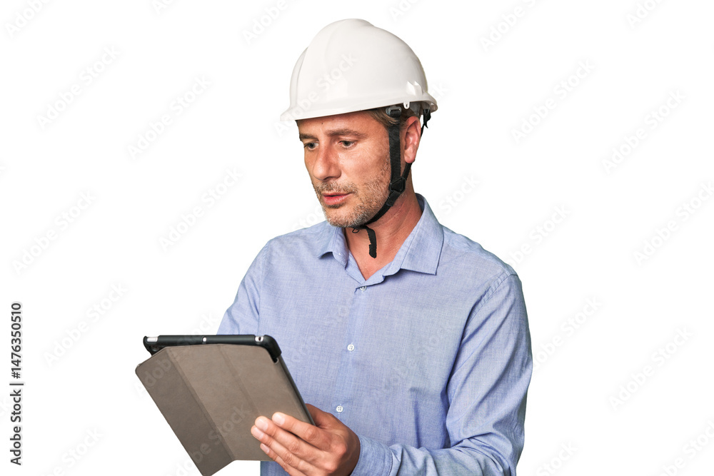 Tech-savvy architect using tablet for work, studio shot.