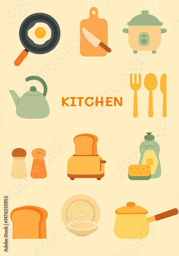 Flat Design Kitchen Icon Set – 10 Cooking and Cleaning Tools