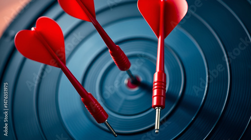 A close-up shot captures three crimson darts, poised mid-air, piercing the center of a dark blue target, symbolizing triumph, success, and unwavering focus on achieving business goals.