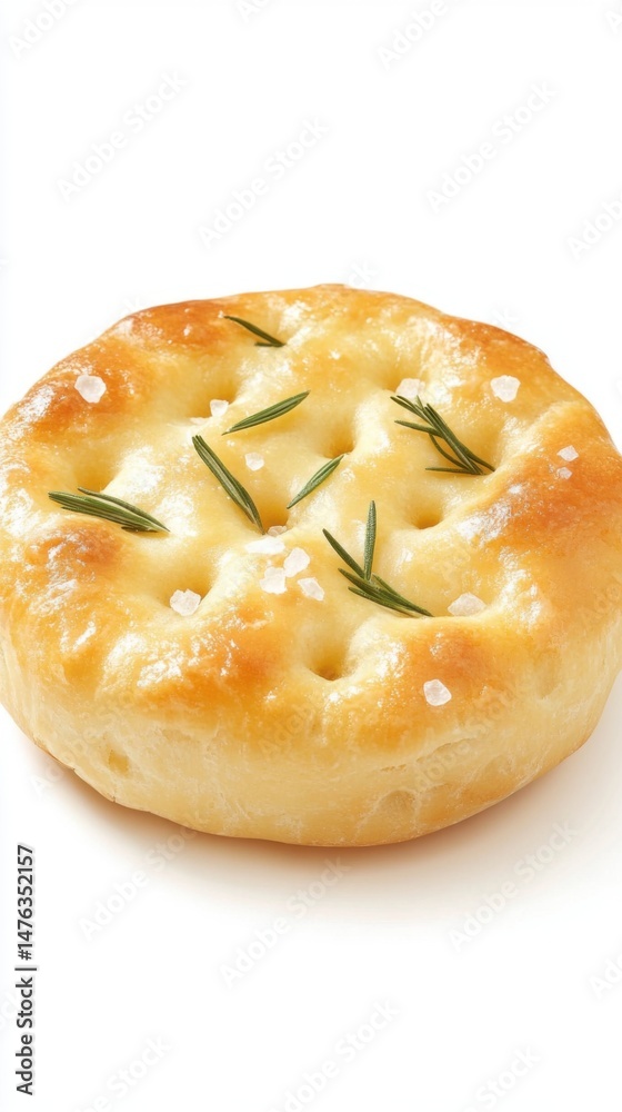 Close-up of golden focaccia bread with rosemary and sea salt on white background studio shot food photography Close-up of golden focaccia bread with rosemary and sea salt on white background studio shot food photography
