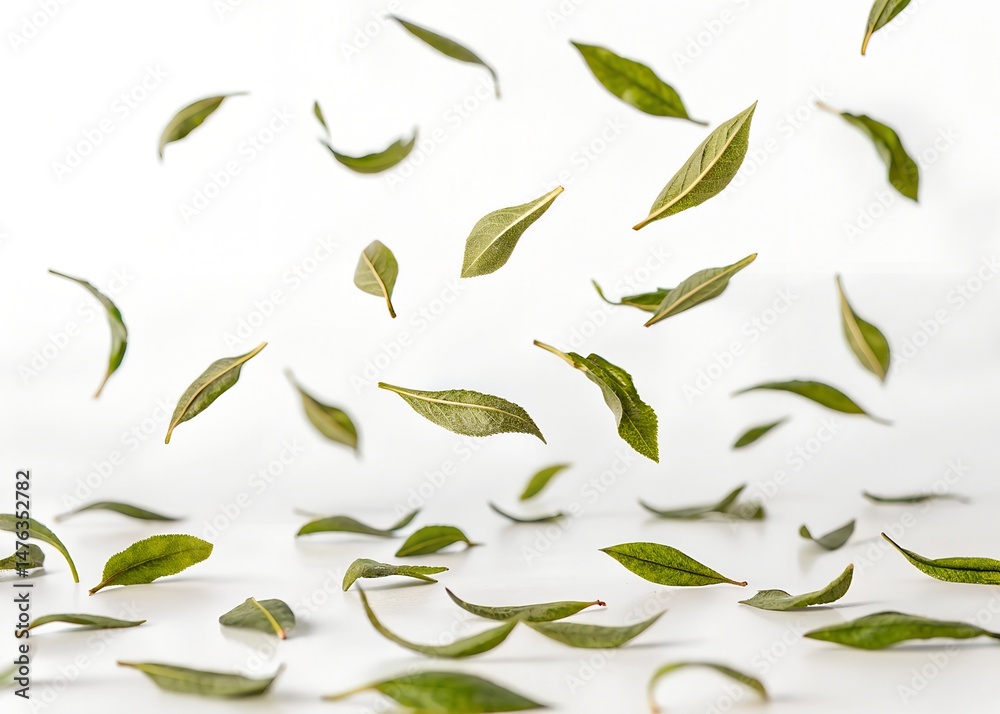 Floating dried Tea Leaves in Slow Motion on white background Floating dried Tea Leaves in Slow Motion on white background