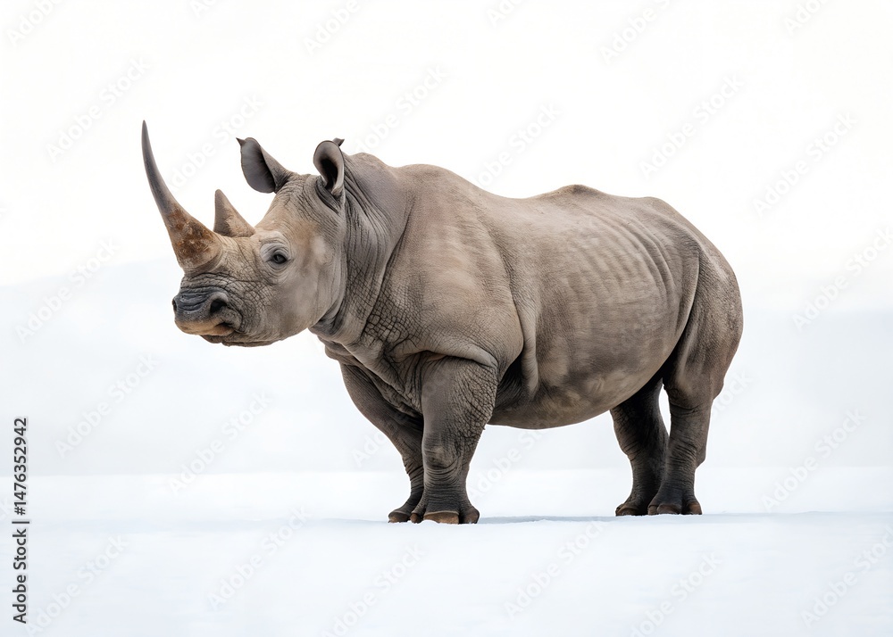Fototapeta premium A solitary rhinoceros stands majestically against a pristine white background
