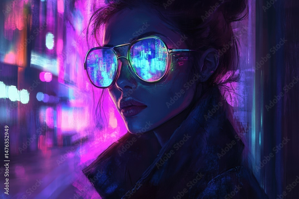custom made wallpaper toronto digitalStylish young woman in futuristic city lights.