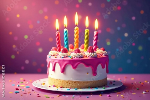 Colorful birthday cake with candles and confetti, festive celebration clipart , holiday, joyful, celebration