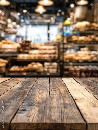 Rustic wooden table surface with blurred bakery background for product display or food presentation from low angle