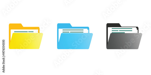 Computer file folder icons set. Colorful document folders. Office folder icons with documents. Folders for reports and important documents. Vector illustration.