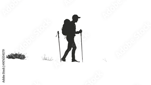Silhouette of hiker with backpack using trekking poles walking outdoors on white background