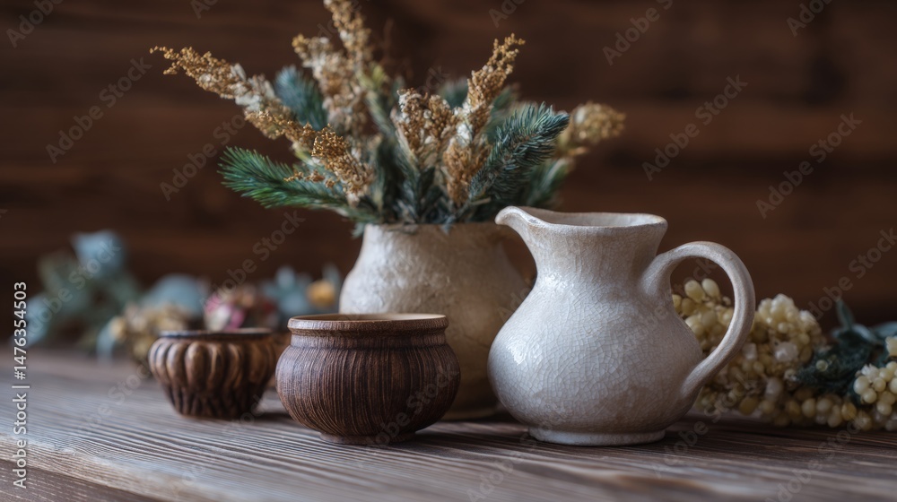 Fototapeta premium Rustic ceramic and wooden pots with dried flowers on wooden table