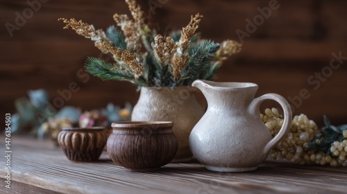 Wallpaper Mural Rustic ceramic and wooden pots with dried flowers on wooden table Torontodigital.ca