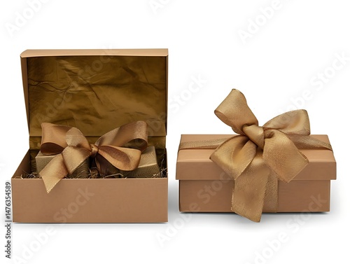 Elegant Presents Two Tan Gift Boxes with Gold Ribbons Isolated on White