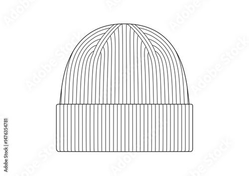 Vector fashion technical drawings of a knit beanie hat with front view. Knit fabric.