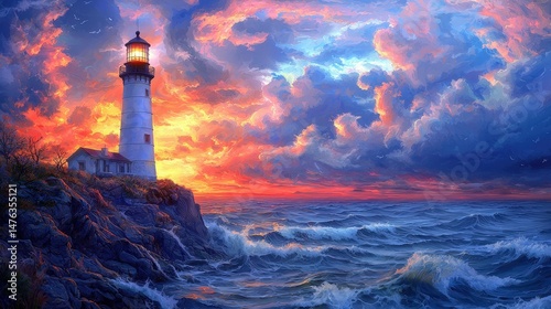 Dramatic coastal scene with a lighthouse at sunset.
