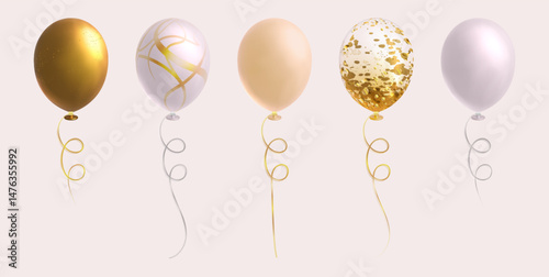 Golden birthday balloons set - metallic gold, shiny beige, white and glitter textured. Helium party decorations, festive celebration decor, luxury anniversary design elements floating on strings.