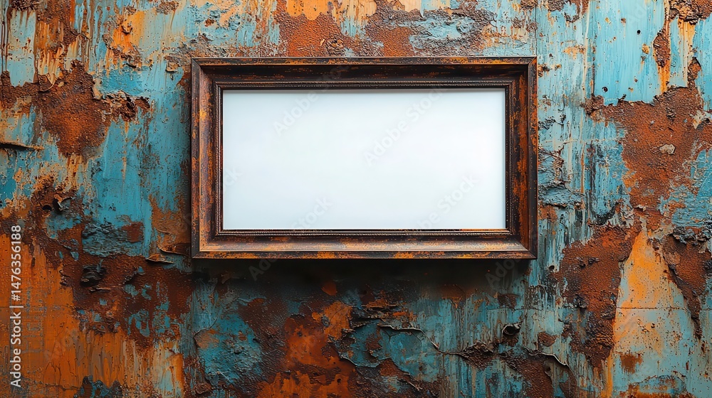 Naklejka premium A rustic wooden frame against a vibrant, peeling wall, showcasing the beauty of decay and color contrast.