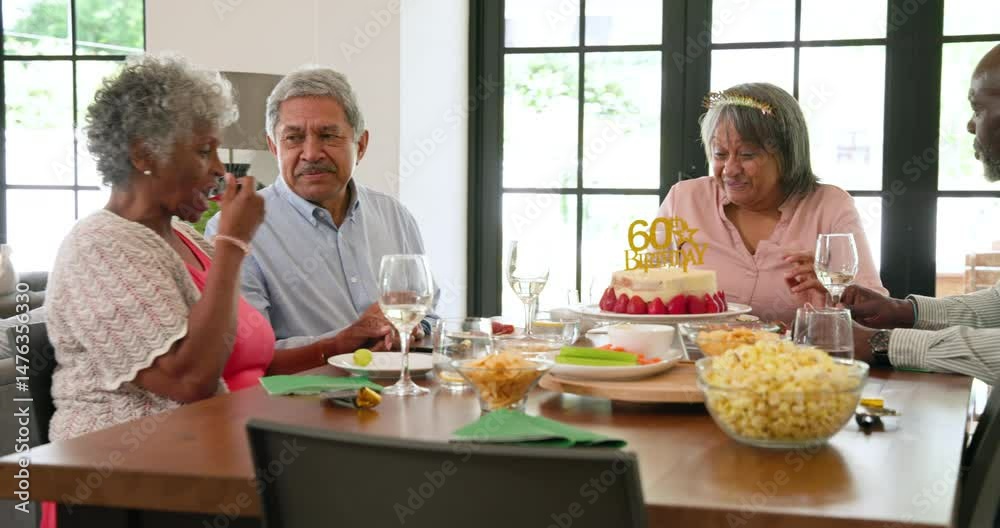 Group of happy senior multiracial, white and black male and female friends making a toast at a birth Group of happy senior multiracial, white and black male and female friends making a toast at a birth