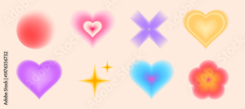 Gradient shapes in vivid y2k colors - colorful blurry heart and flower, circle and star sparkle, cross forms with smooth blur effect. Retro aesthetic graphic design elements. Simple blurry icons.