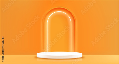 Orange background with podium and archway - blank curved arch with round platform illuminated by bright neon glow. Minimal 3d pedestal in tangerine color. Stylish vivid showcase or display mockup.