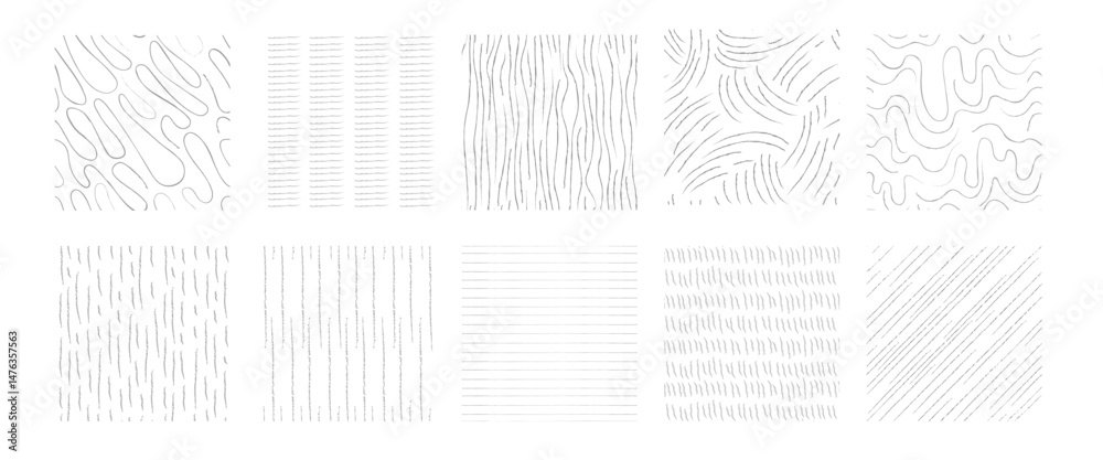 Crosshatch shape pattern set - collection of monochrome textures with various hatched lines and dash strokes drawn by hand. Sketchy graphic elements pack for engraving design style drawing effect.