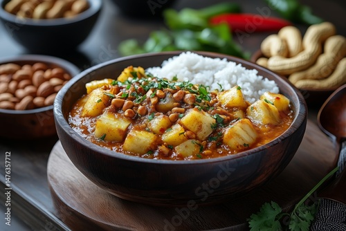 a traditional Ugandan dish, matoke , steamed plantains, with peanut sauce, served in a wooden bowl, accompanied by roasted groundnuts and fresh vegetables, warm ambient lighting
