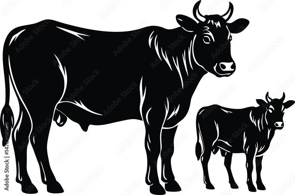 Fototapeta premium An adult silhouette black Cow and a calf standing a short distance apart within the same frame 