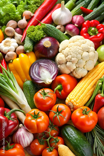 Close-up shot of assorted vegetables showcasing fresh colors and textures