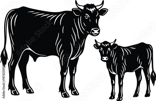  An adult silhouette black Cow and a calf standing a short distance apart within the same frame 
