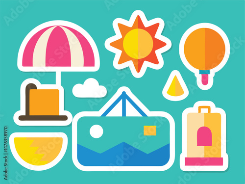 1970s summer, colorful flat design, retro sun umbrella, picnic basket, hot air balloon, beach, vibrant colors, flat icons, vector illustration
