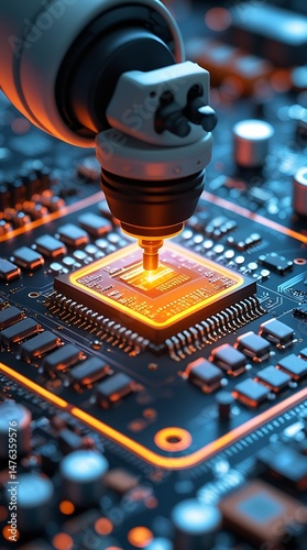 Advanced robotic arm precisely assembling a glowing microchip onto a complex futuristic circuit board, illustrating next-generation semiconductor manufacturing technology

