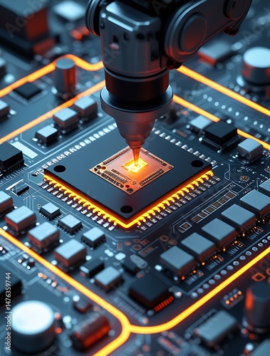 Advanced robotic arm precisely assembling a glowing microchip onto a complex futuristic circuit board, illustrating next-generation semiconductor manufacturing technology

