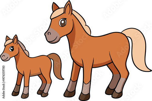An adult vector kawaii horse and a foal standing a short distance apart within the same frame