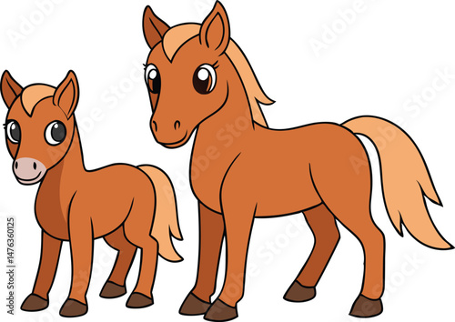 An adult vector kawaii horse and a foal standing a short distance apart within the same frame