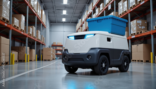 Autonomous Warehouse Robot Transporting Bins on Concrete Floor, Logistics Technology Concept