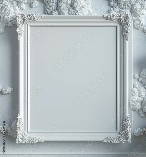 realistic photo of a cloud white blank photo frame mock-up on a cloud white wall, pure and simple, elegant decor, exceptional image quality