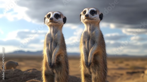 Two meerkats standing alert in a desert landscape. photo
