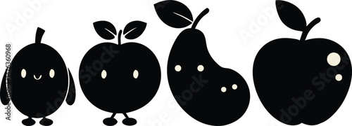 Black Silhouette Retro Fruit Characters Vector