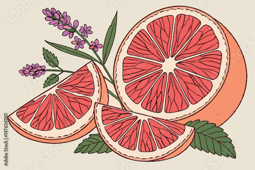 101 vibrant,juicy,fresh,citrus,segmented,ruby-red,grapefruit,slices,mint,leaves,purple,flowers,high-resolution,detailed,food,still life,studio lighting,product photography,appetizing,healthy,nutritiou