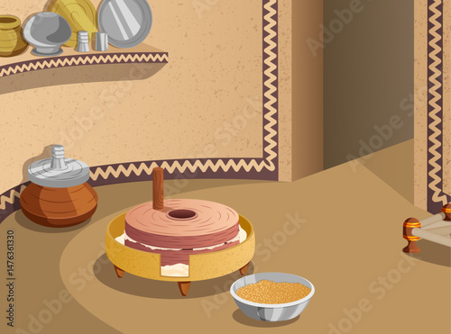 Rural Kitchen Setting with Atta Chakki and Wheat Grains, Wall Shelf Adorned with Kitchenware and Water-Filled Clay Pot with Silver Glass on the Side. Authentic Village Lifestyle Cartoon Illustration
